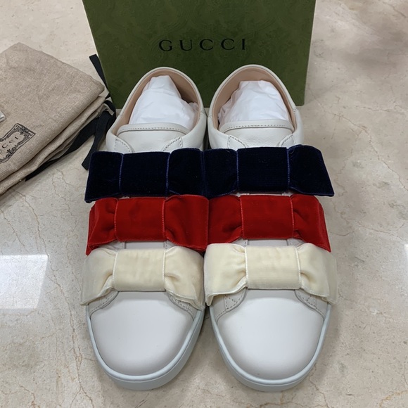 HOST PIC GUCCI ACE WHITE LEATHER SNEAKERS TRIPLE VELVET BOW DETAIL SZ US 38 1/2 - Picture 7 of 15